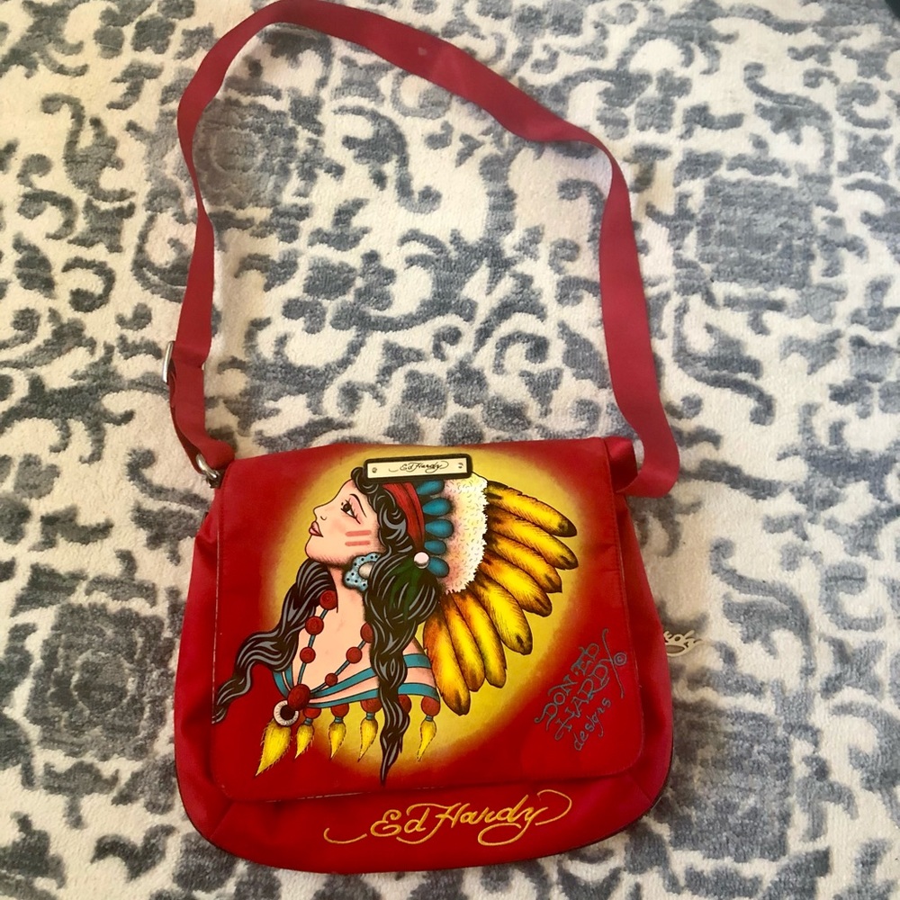 Rare Ed Hardy Native American girl art shoulder bag circa 2007